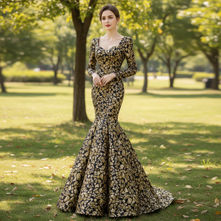 Sparkly Long Sleeve Prom Dress Evening Gown with Queen-ann Neck