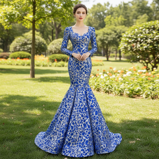 Sparkly Long Sleeve Prom Dress Evening Gown with Queen-ann Neck