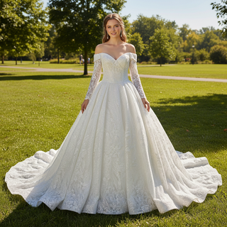 Long Sleeve Sparkly Ball Gown Wedding Dress with Bling Lace