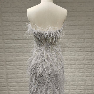 Women Sparkly & Elegant Grey Mermaid Prom Dress with Feather