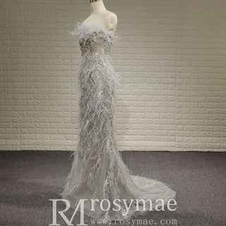Women Sparkly & Elegant Grey Mermaid Prom Dress with Feather