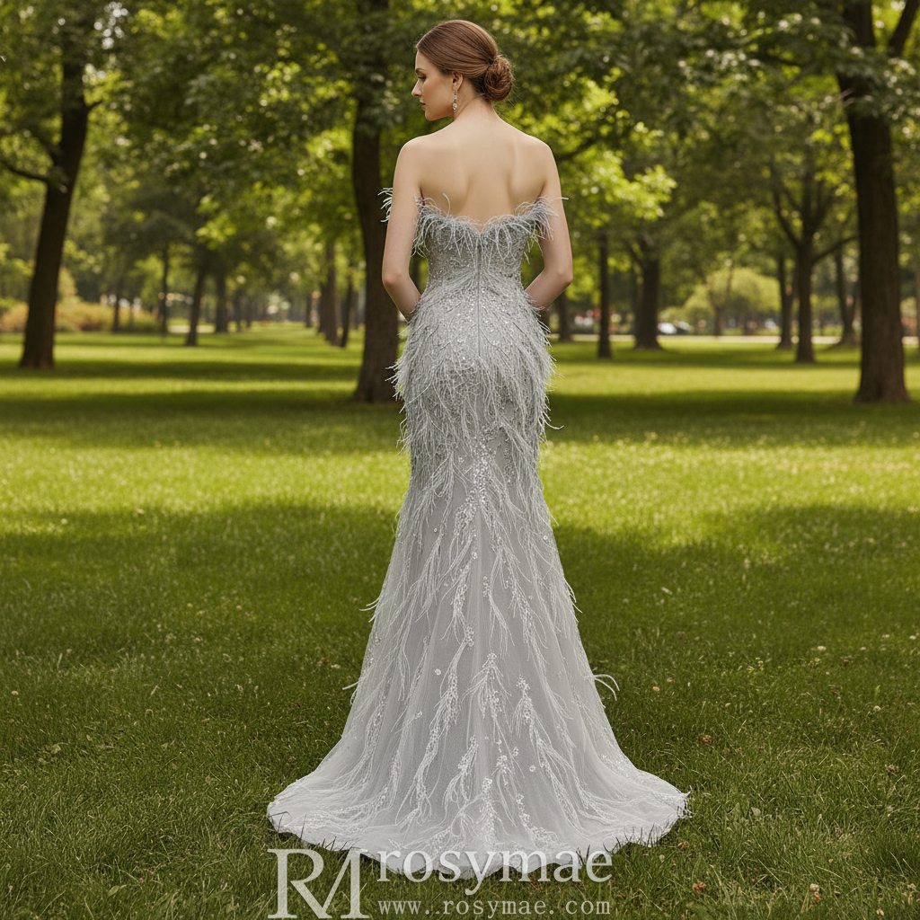 Women Sparkly & Elegant Grey Mermaid Prom Dress with Feather Rosymae Women Sparkly & Elegant Grey Mermaid Prom Dress with Feather Rosymae