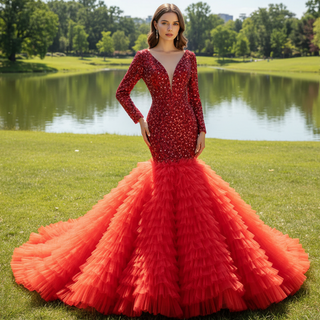 Dubai Shimmering Mermaid Wedding Dress Long Sleeve Pageant Gown