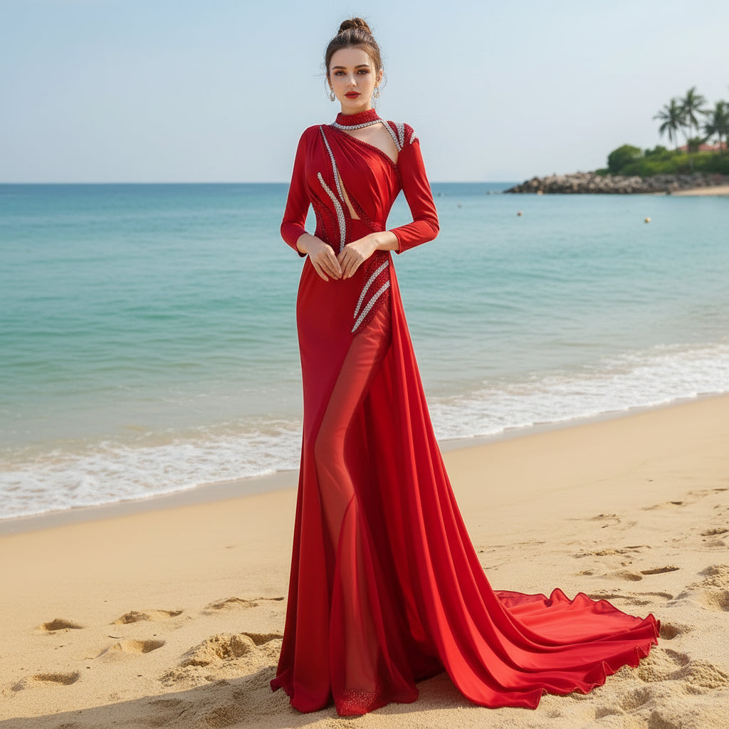 High-end Beading Pearl Sequins Evening Dress with Long Sleeve Red / 22W High-end Beading Pearl Sequins Evening Dress with Long Sleeve Red / 22W