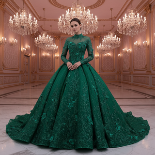 Beaded Keyhole Puffy Wedding Gown Long Sleeve Quinceanera Dress