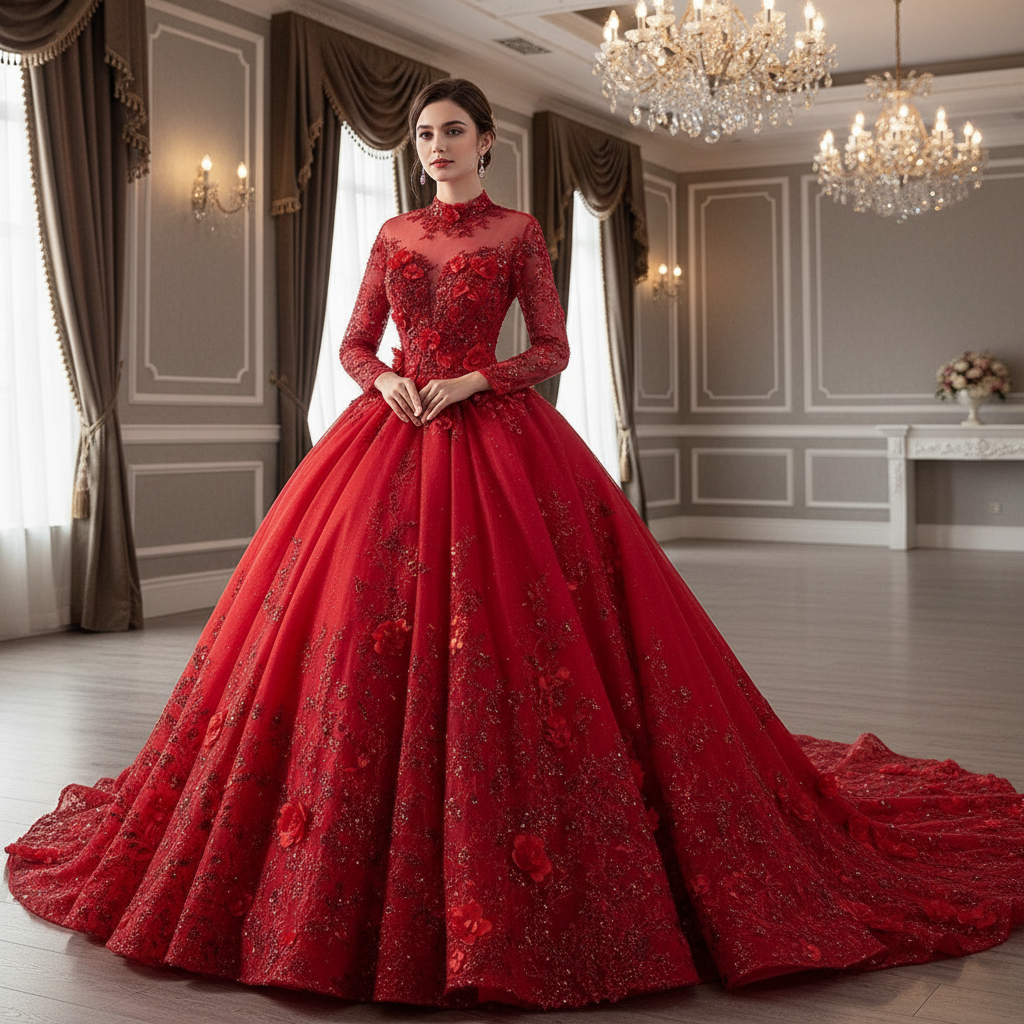 Beaded Keyhole Puffy Wedding Gown Long Sleeve Quinceanera Dress Brt. Red / 16 Beaded Keyhole Puffy Wedding Gown Long Sleeve Quinceanera Dress Brt. Red / 16