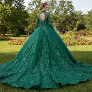 Beaded Keyhole Puffy Wedding Gown Long Sleeve Quinceanera Dress