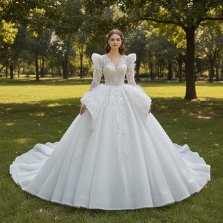 Royal and Luxurious Bridal Ball Gown Wedding Dress with Long Sleeve