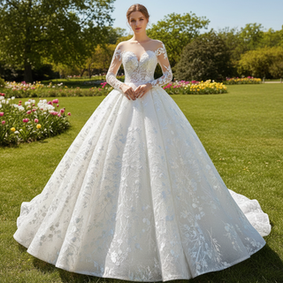 Long Sheer Sleeve Scoop Neck Wedding Dress with Floral Lace