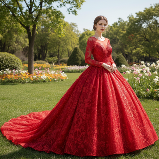 Long Sheer Sleeve Scoop Neck Wedding Dress with Floral Lace