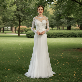 Long Sleeve Lace Fit And Flare Beading Illusion Wedding Dress