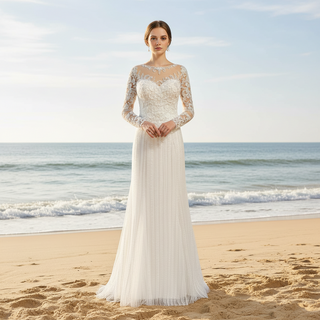 Long Sleeve Lace Fit And Flare Beading Illusion Wedding Dress