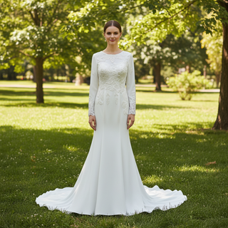 Scoop Long Sleeve Mermaid Wedding Dress with Trumpet Skirt