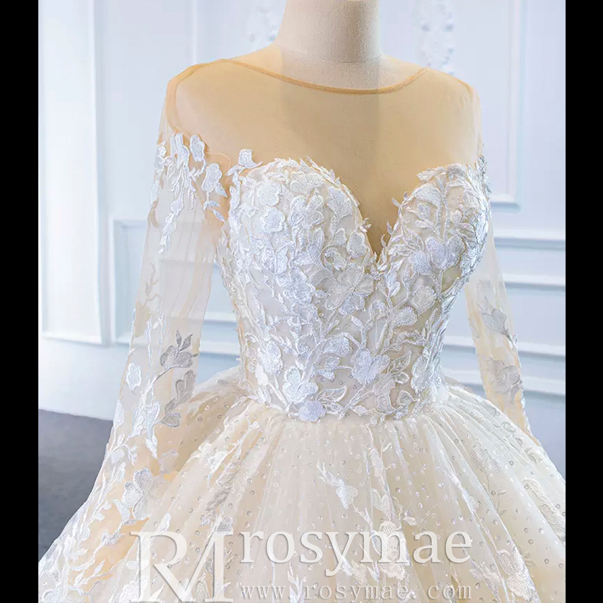 Long Sheer Sleeve Scoop Neck Wedding Dress with Floral Lace Ivory / 16 Long Sheer Sleeve Scoop Neck Wedding Dress with Floral Lace Ivory / 16