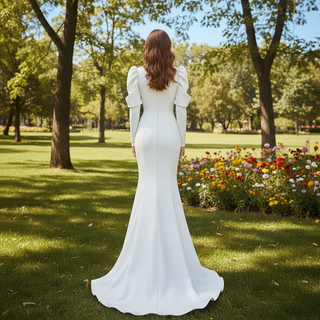 Puffy Sleeve Sheath Bridal Gown V-neck Wedding Dress