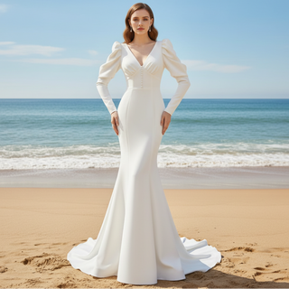 Puffy Sleeve Sheath Bridal Gown V-neck Wedding Dress