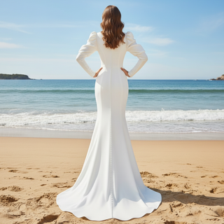 Puffy Sleeve Sheath Bridal Gown V-neck Wedding Dress