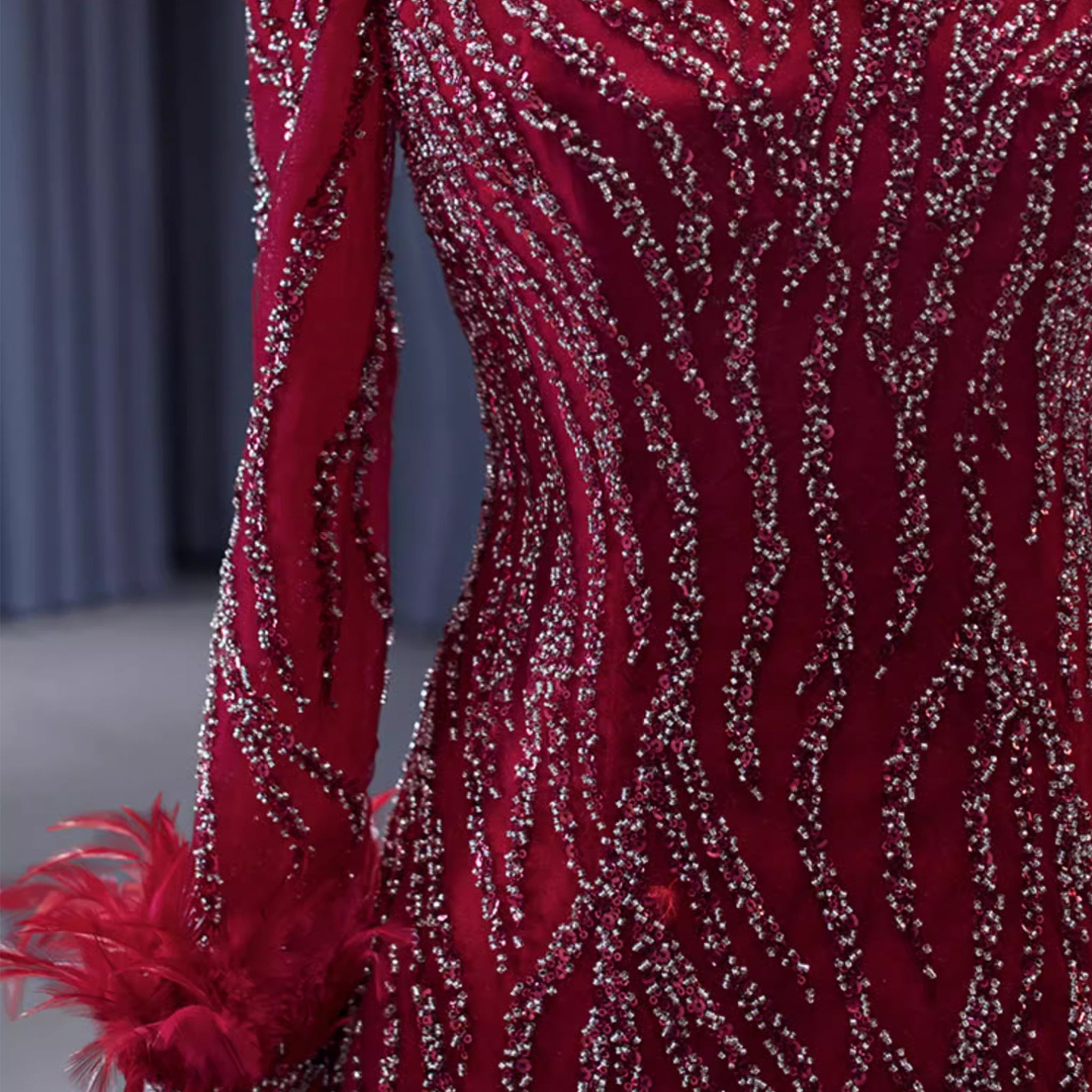 Burgundy Long Sleeves Feathers Evening Gown Square Neck Beaded Prom Dr Rosymae Burgundy Long Sleeves Feathers Evening Gown Square Neck Beaded Prom Dr Rosymae