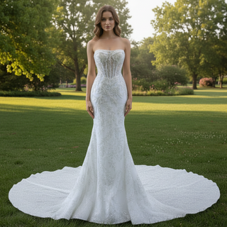 Sparkly High-end Fit and Flare Wedding Dress with Sheer Bodice
