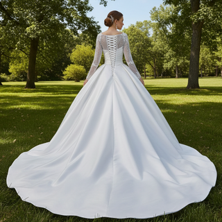 Long Sleeve High Back Ball Gown Wedding Dress Square Neckline