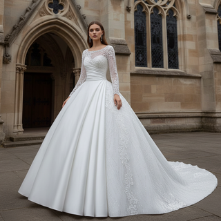 Long Sleeve High Back Ball Gown Wedding Dress Square Neckline