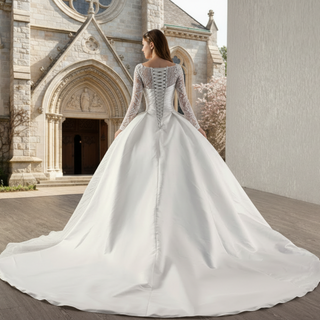 Long Sleeve High Back Ball Gown Wedding Dress Square Neckline