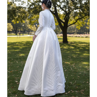 Long Sleeve Beaded Satin Muslim Wedding Dress with High Neck