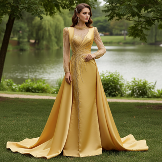 Satin Shining High Neck Long Sleeve Formal Party Prom Gowns