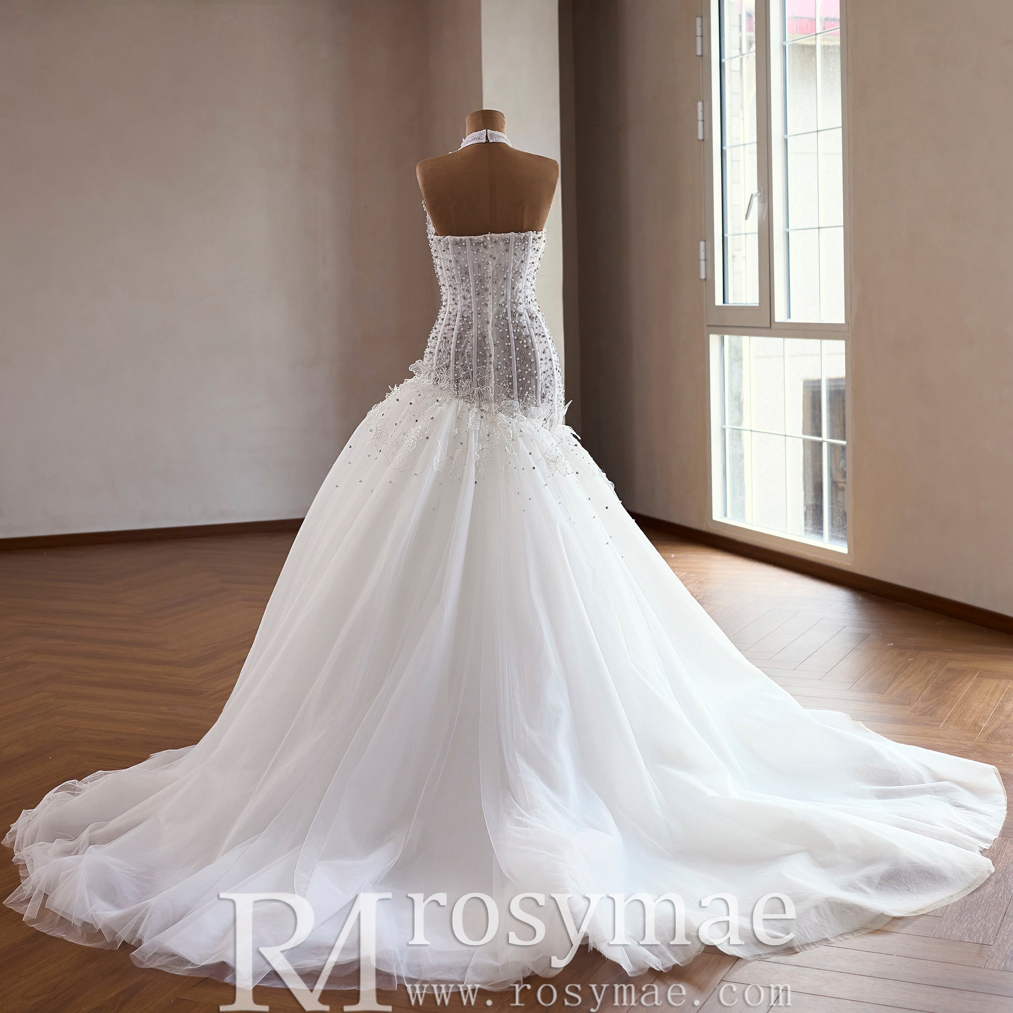 Dreamy Tulle Princess Wedding Dress Halter Neck with Beaded Lace Custom Colors / 18W Dreamy Tulle Princess Wedding Dress Halter Neck with Beaded Lace Custom Colors / 18W
