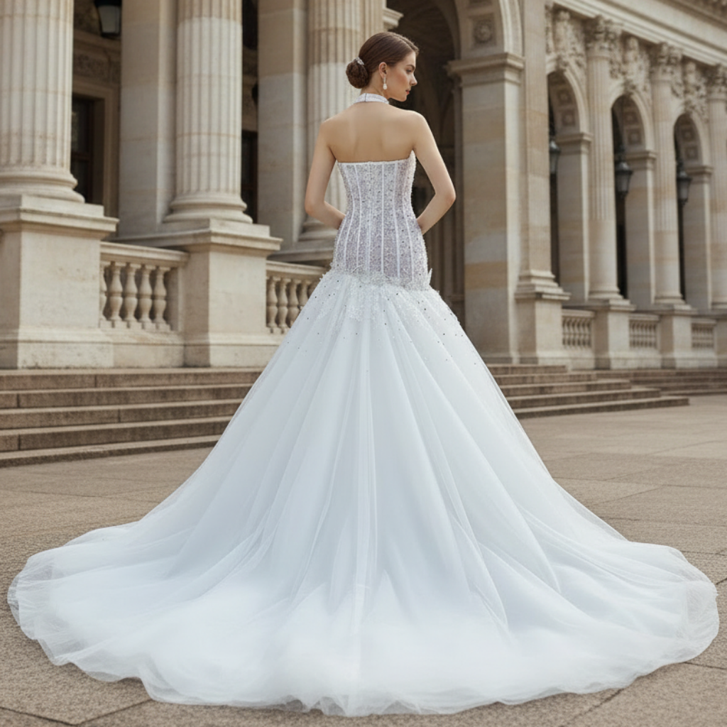 Dreamy Tulle Princess Wedding Dress Halter Neck with Beaded Lace Rosymae Dreamy Tulle Princess Wedding Dress Halter Neck with Beaded Lace Rosymae