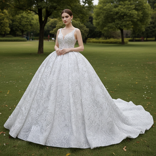 Modest and Sparkly Ball Gown Wedding Dress with V-Neck