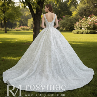 Modest and Sparkly Ball Gown Wedding Dress with V-Neck