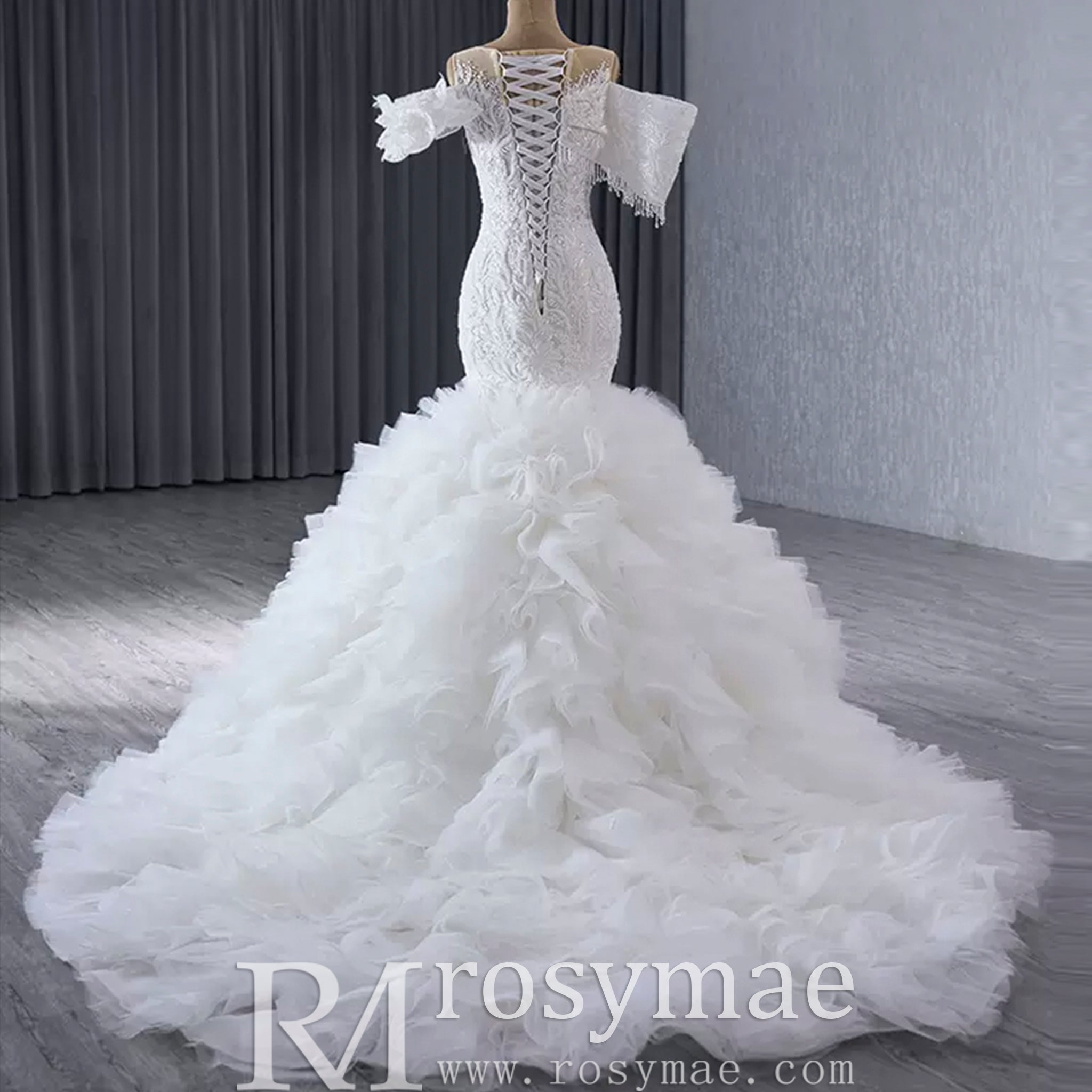 Luxury Trumpet Ruffle Wedding Dress with Detachable Skirt White / 18W Luxury Trumpet Ruffle Wedding Dress with Detachable Skirt White / 18W