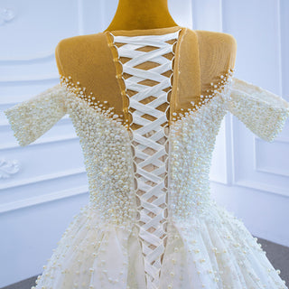 Luxury Beaded Pearl Sheer High Neck Wedding Dress with Removable Sleeves