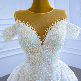 Luxury Beaded Pearl Sheer High Neck Wedding Dress with Removable Sleeves