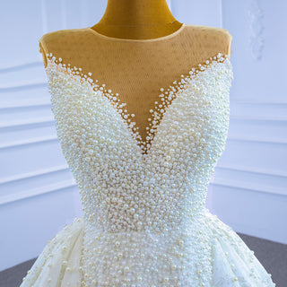 Luxury Beaded Pearl Sheer High Neck Wedding Dress with Removable Sleeves