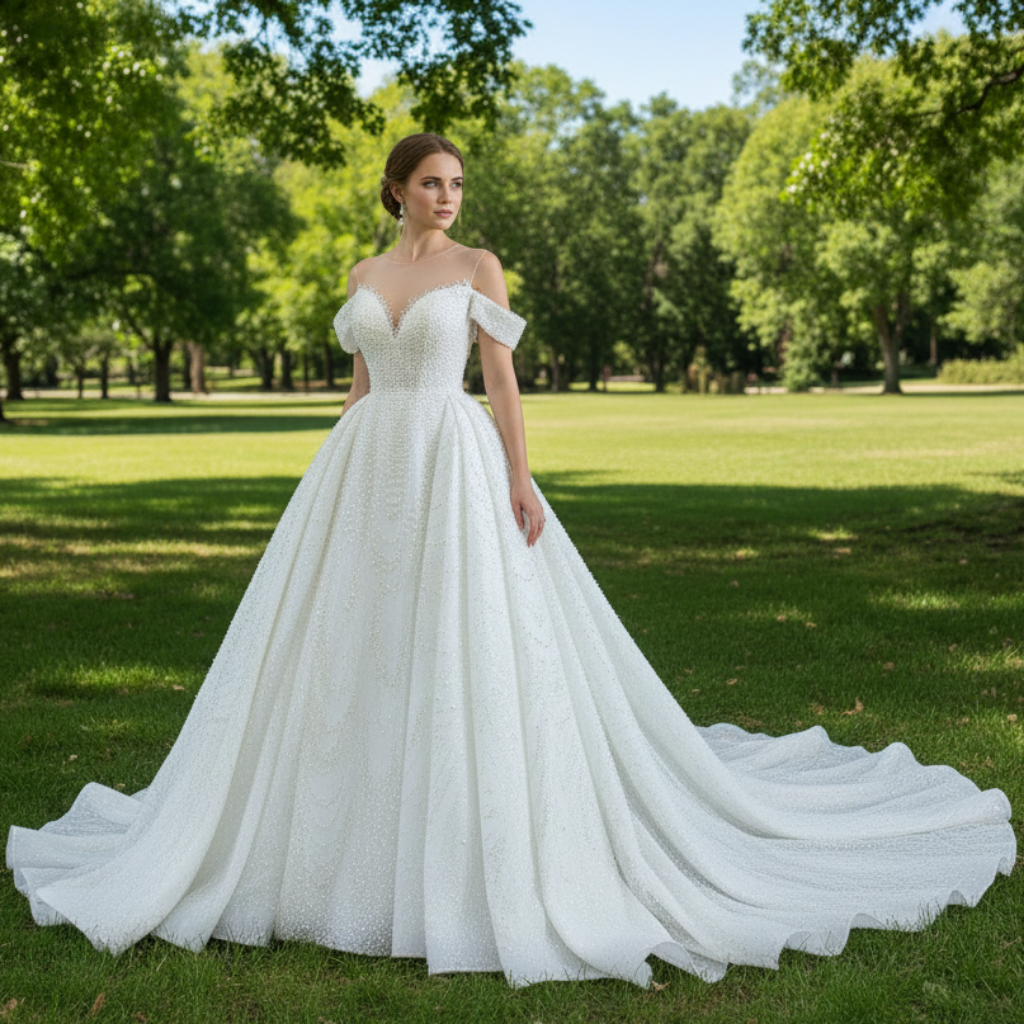 Luxury Beaded Pearl Sheer High Neck Wedding Dress with Removable Sleeves Luxury Beaded Pearl Sheer High Neck Wedding Dress with Removable Sleeves
