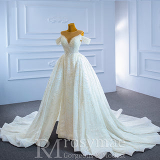 Luxury Beaded Pearl Sheer High Neck Wedding Dress with Removable Sleeves