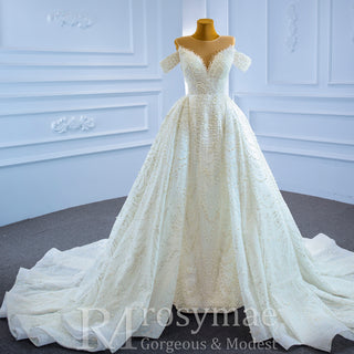 Luxury Beaded Pearl Sheer High Neck Wedding Dress with Removable Sleeves