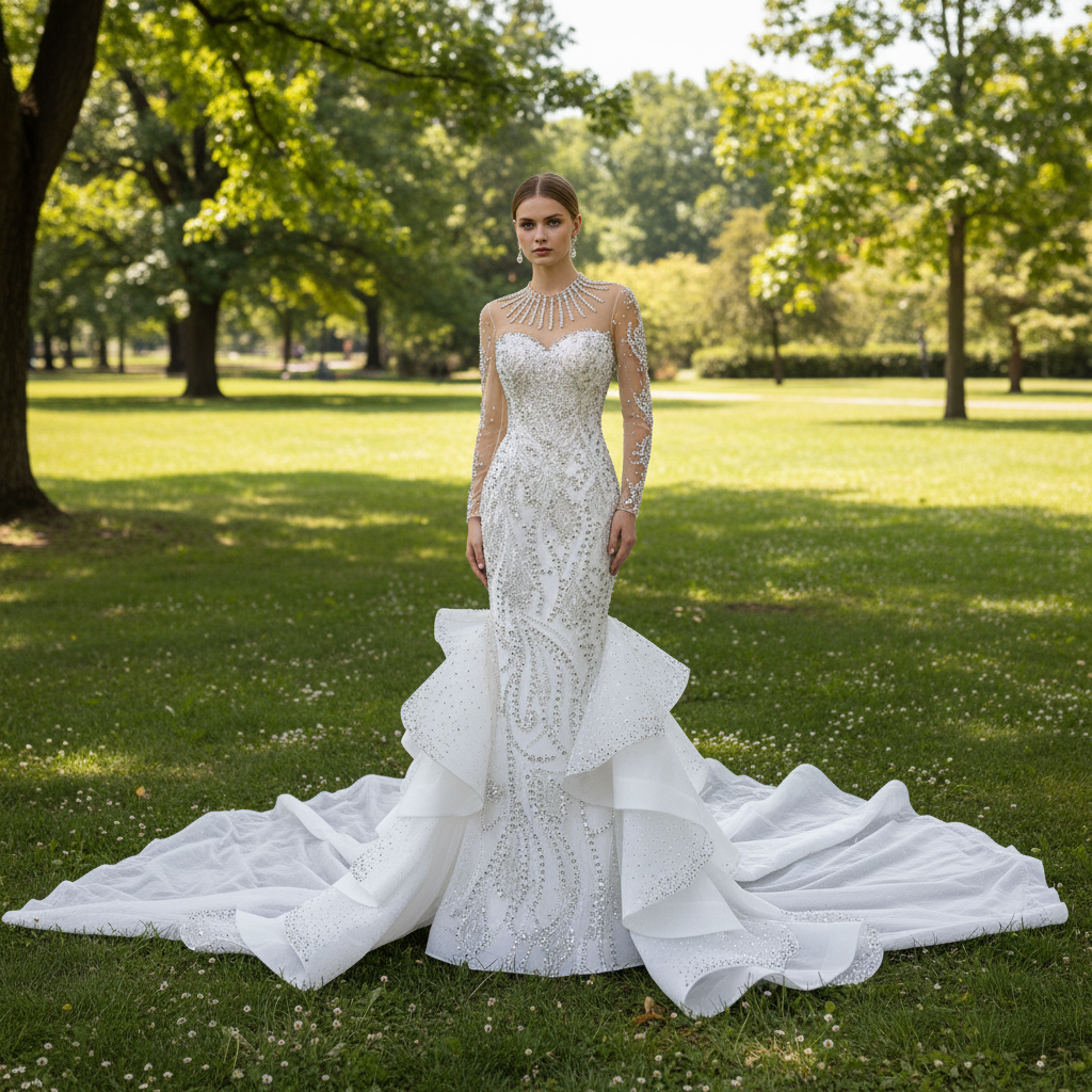 Luxury Crystal Beaded Mermaid Wedding Dress Illusion Neckline & Cascad Rosymae Luxury Crystal Beaded Mermaid Wedding Dress Illusion Neckline & Cascad Rosymae