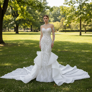 Luxury Crystal Beaded Mermaid Wedding Dress Illusion Neckline & Cascading Ruffle Train