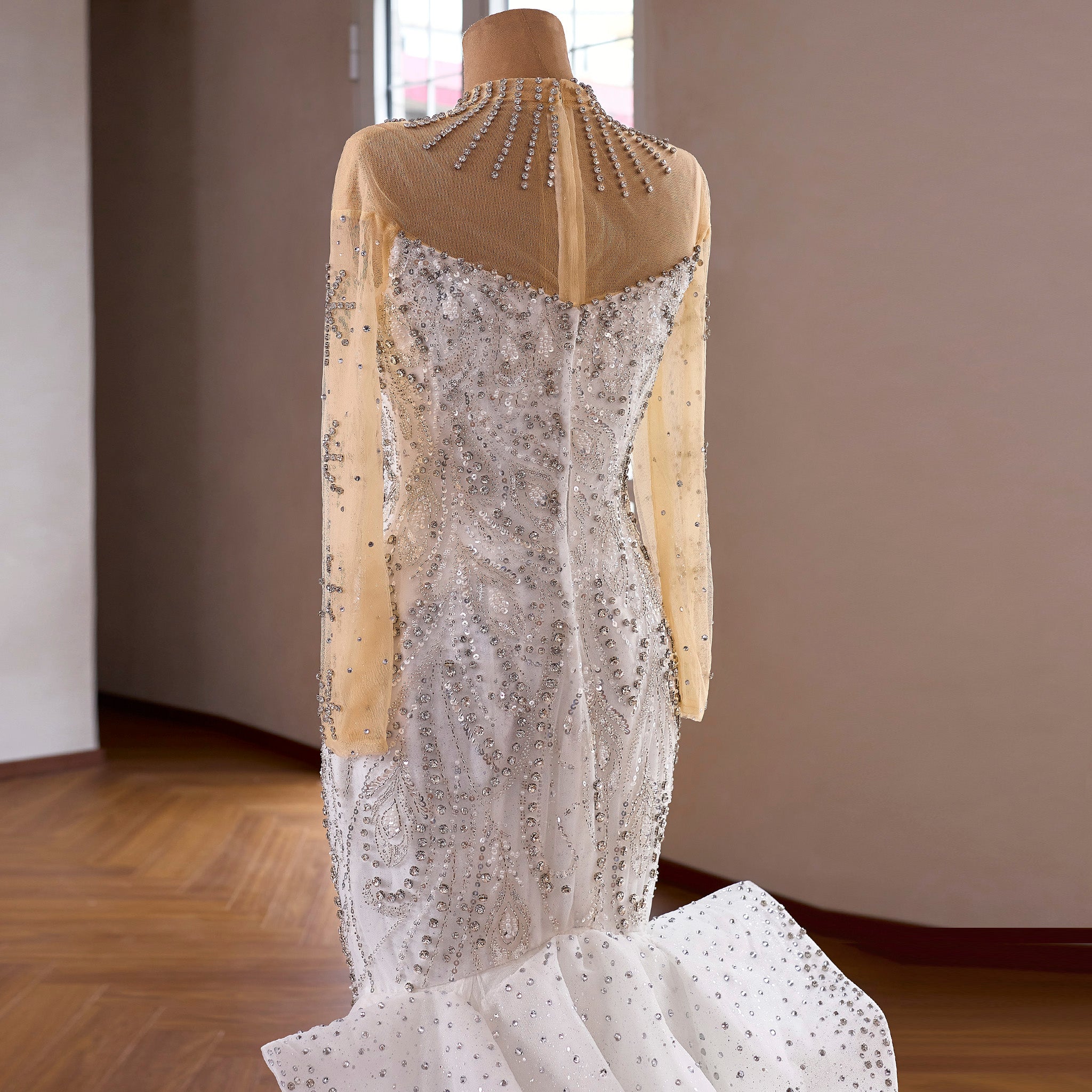 Luxury Crystal Beaded Mermaid Wedding Dress Illusion Neckline & Cascad Rosymae Luxury Crystal Beaded Mermaid Wedding Dress Illusion Neckline & Cascad Rosymae