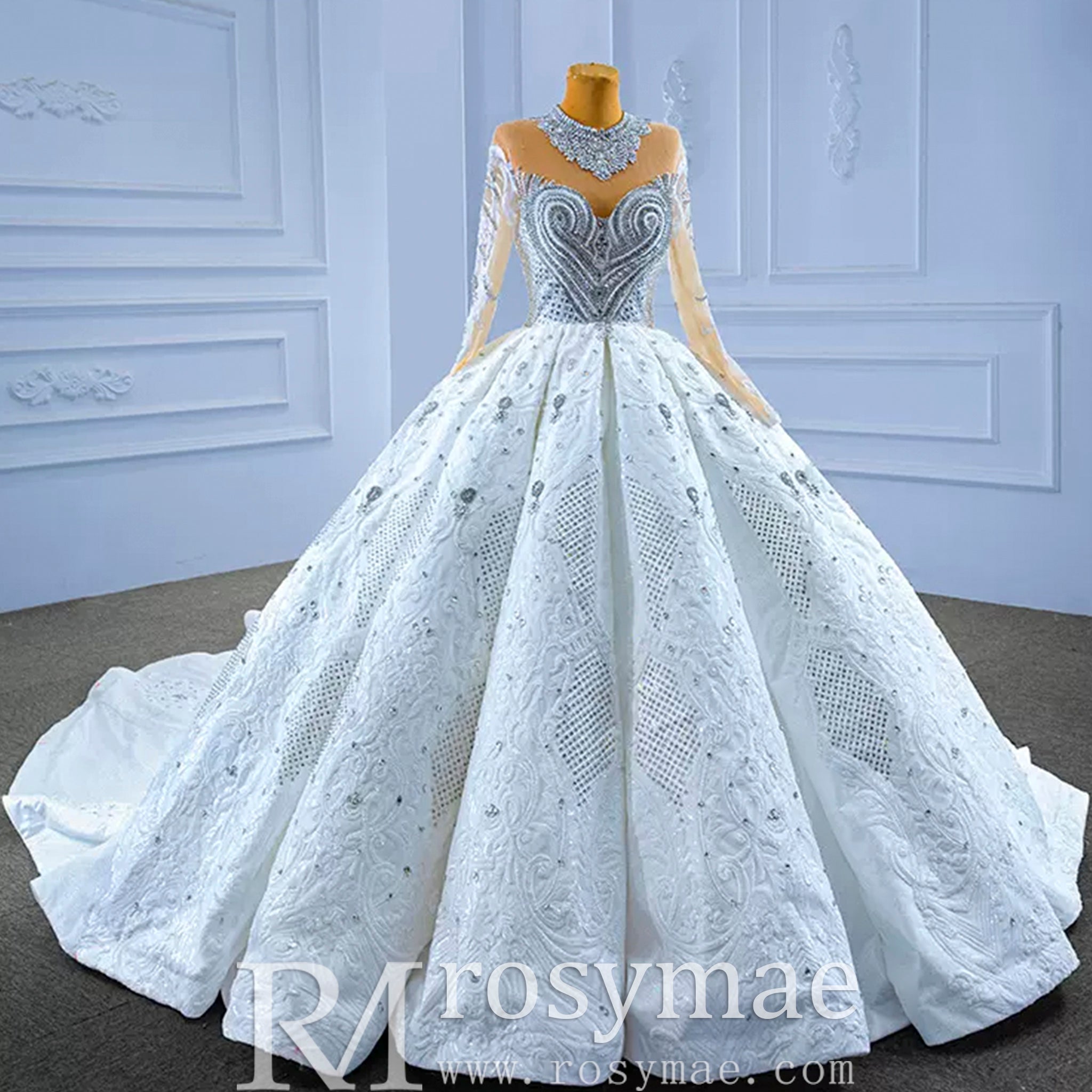 Luxury Sparkly Wedding Dress High Neck Modest Bridal Gown White / 18 Luxury Sparkly Wedding Dress High Neck Modest Bridal Gown White / 18