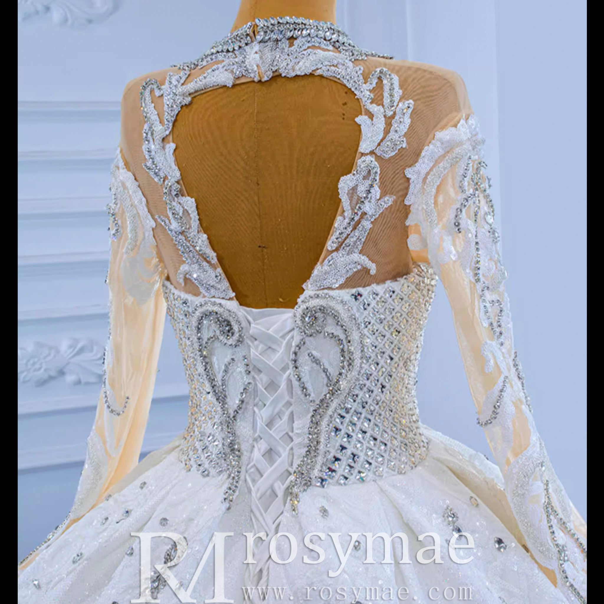 Luxury Sparkly Wedding Dress High Neck Modest Bridal Gown White / 18 Luxury Sparkly Wedding Dress High Neck Modest Bridal Gown White / 18
