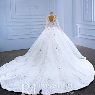 Luxury Sparkly Wedding Dress High Neck Modest Bridal Gown