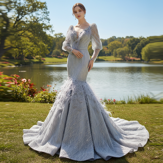 Sparkly Silver Mermaid Pageant Dress Prom Gown with Long Sleeves