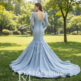 Sparkly Silver Mermaid Pageant Dress Prom Gown with Long Sleeves