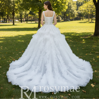 Gorgeous Beaded Tiered Wedding Dress Square Neck Bridal Gown