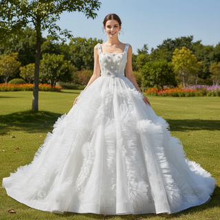 Gorgeous Beaded Tiered Wedding Dress Square Neck Bridal Gown