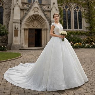 Modest Ball Gown Sparkly Wedding Dress with Keyhole Back